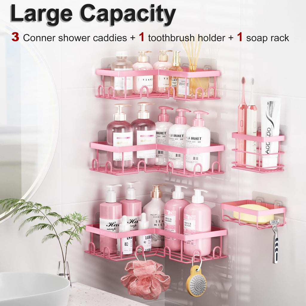 Liuoud Corner Shower Caddy 5 Pack, Rustproof Stainless Steel Shower Organizer with Soap Rack Toothbrush Holder, Large Capacity Adhesive No Drilling Bathroom Storage Decor Set, Black