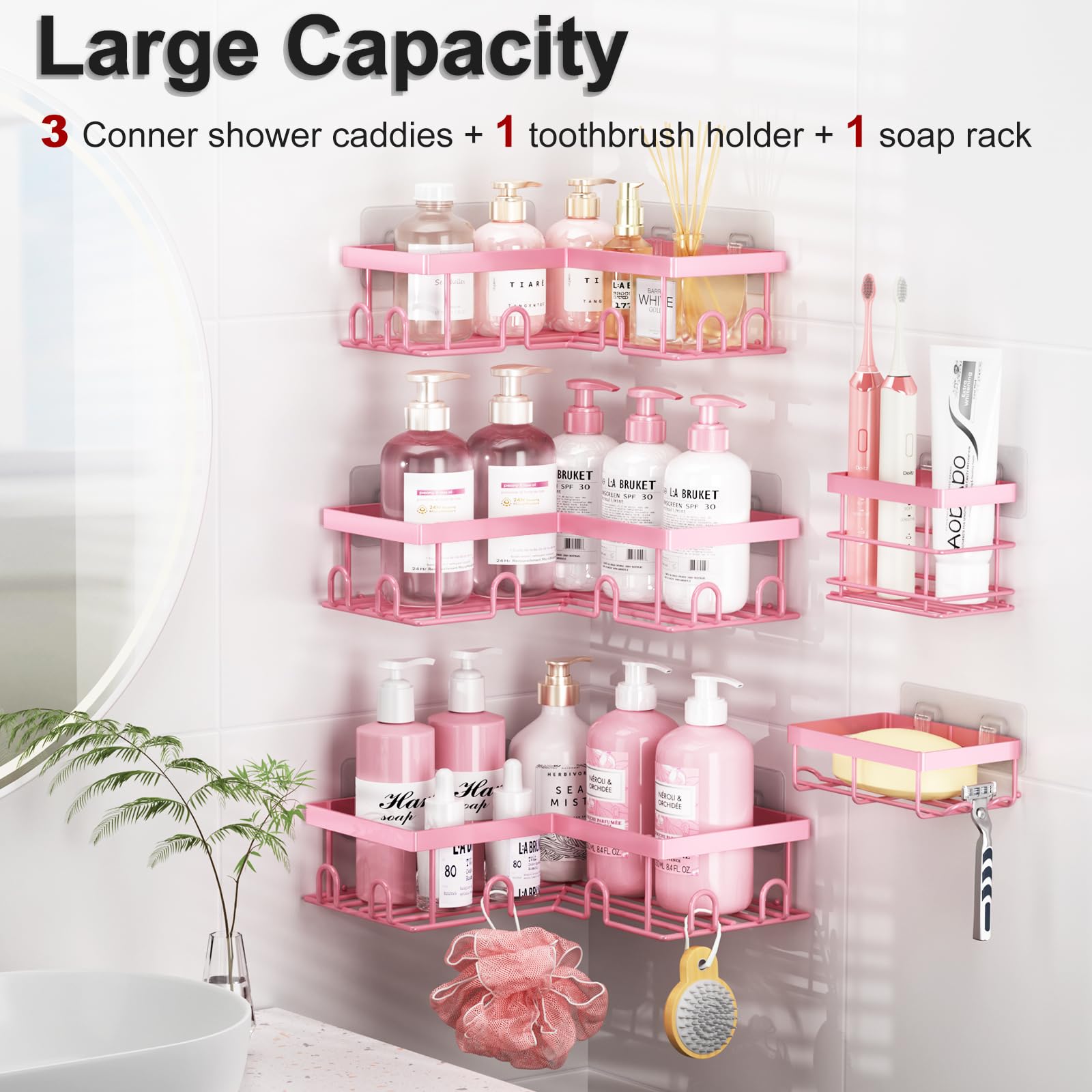 Liuoud Corner Shower Caddy 5 Pack, Rustproof Stainless Steel Shower Organizer with Soap Rack Toothbrush Holder, Large Capacity Adhesive No Drilling Bathroom Storage Decor Set, Black