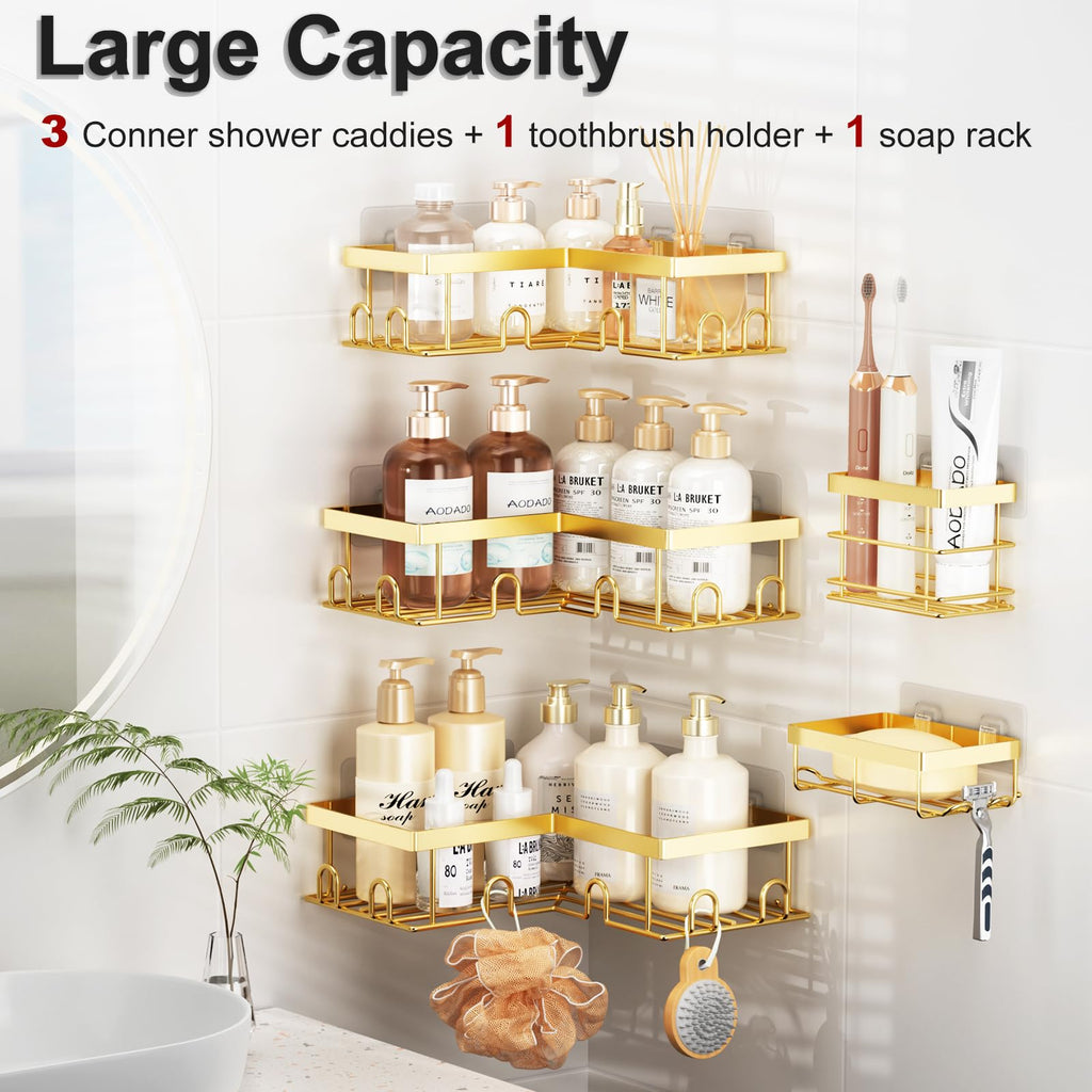 Liuoud Corner Shower Caddy 5 Pack, Rustproof Stainless Steel Shower Organizer with Soap Rack Toothbrush Holder, Large Capacity Adhesive No Drilling Bathroom Storage Decor Set, Black