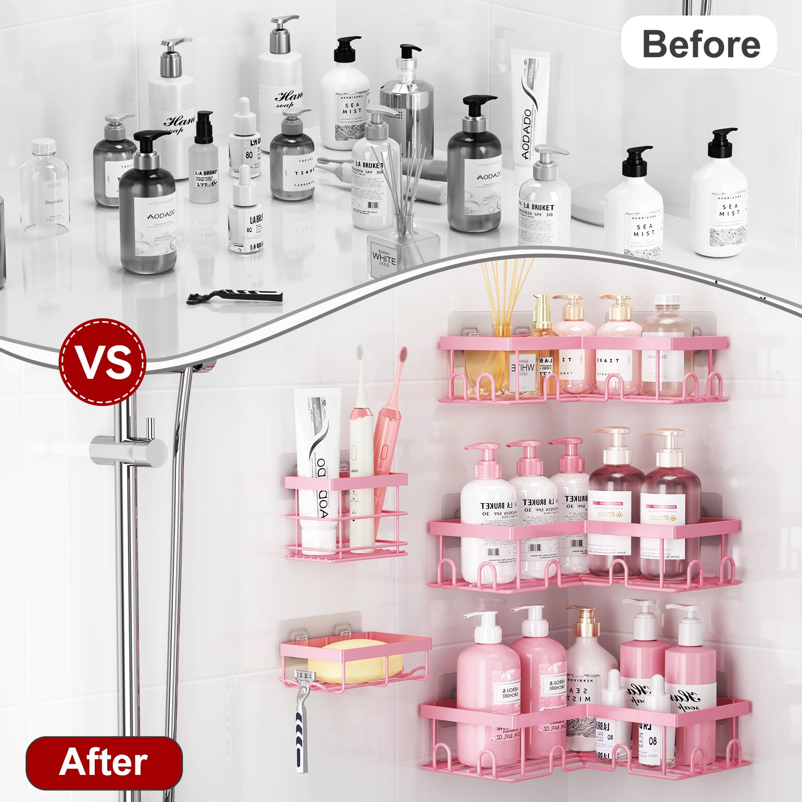 Liuoud Corner Shower Caddy 5 Pack, Rustproof Stainless Steel Shower Organizer with Soap Rack Toothbrush Holder, Large Capacity Adhesive No Drilling Bathroom Storage Decor Set, Black