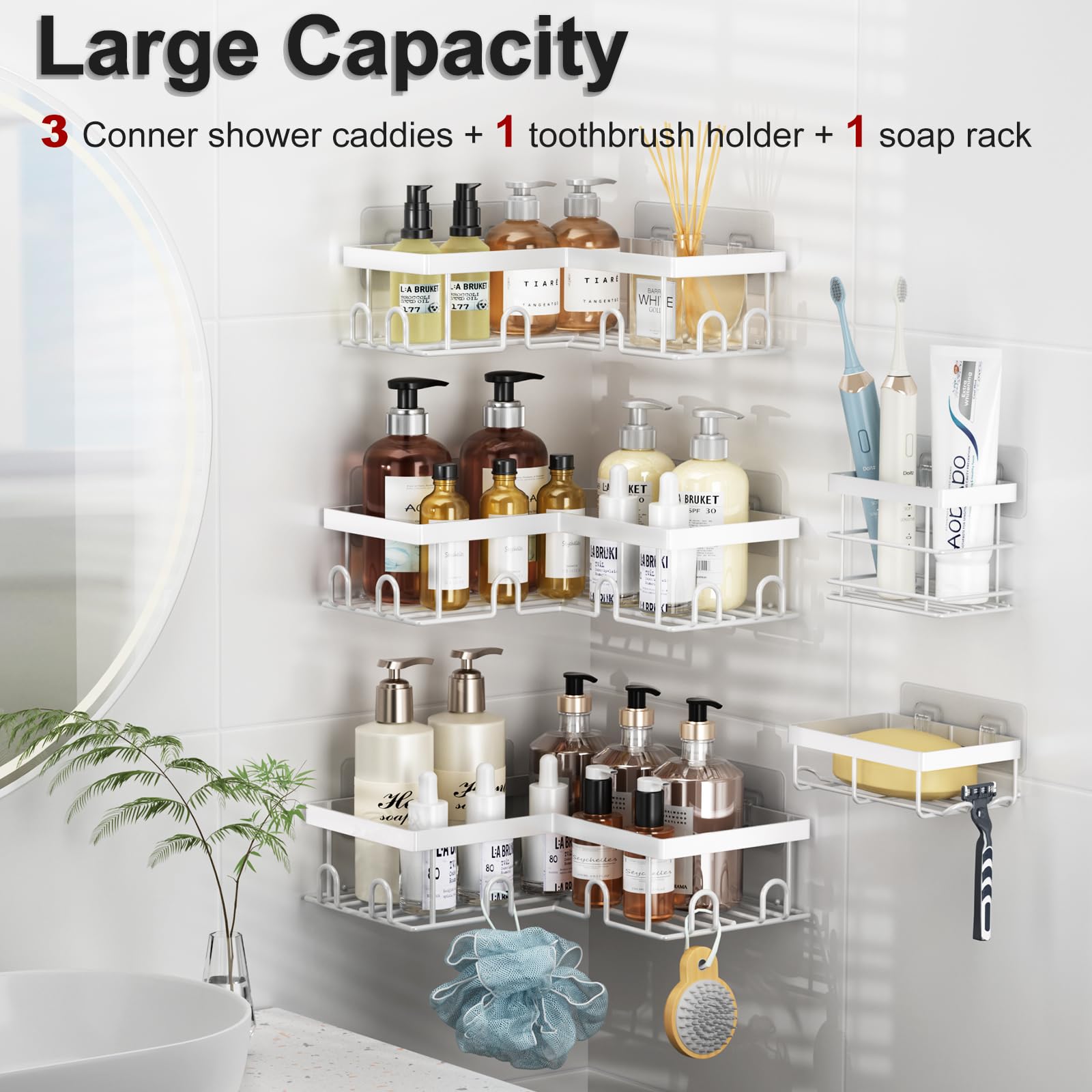 Liuoud Corner Shower Caddy 5 Pack, Rustproof Stainless Steel Shower Organizer with Soap Rack Toothbrush Holder, Large Capacity Adhesive No Drilling Bathroom Storage Decor Set, Black