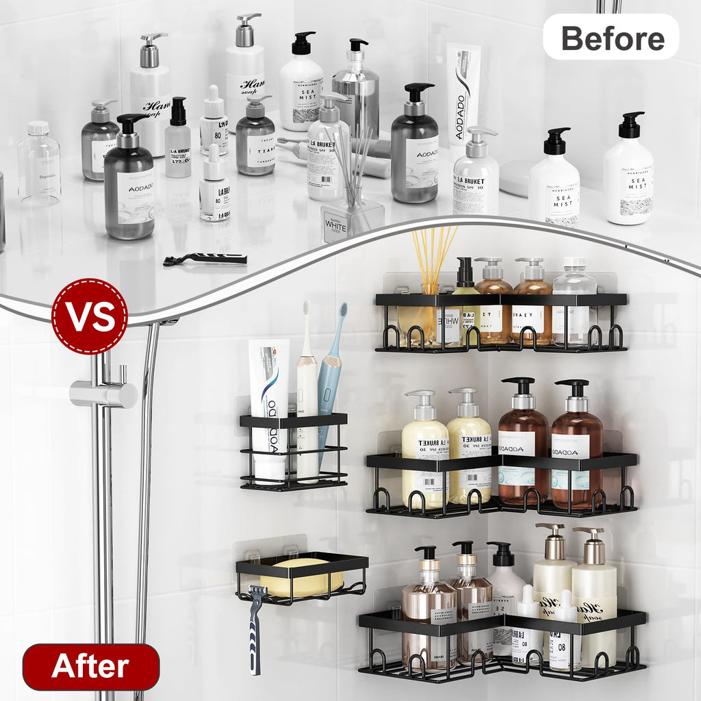 Liuoud Corner Shower Caddy 5 Pack, Rustproof Stainless Steel Shower Organizer with Soap Rack Toothbrush Holder, Large Capacity Adhesive No Drilling Bathroom Storage Decor Set, Black