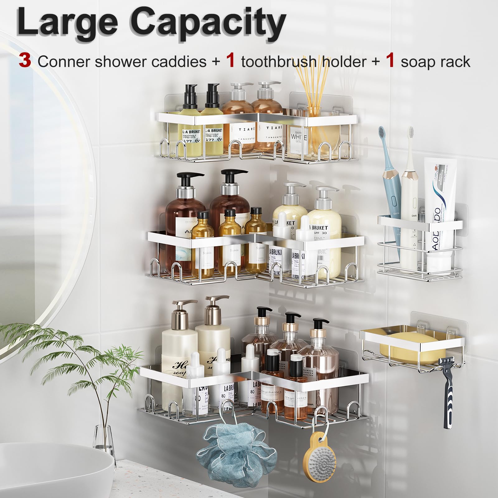 Liuoud Corner Shower Caddy 5 Pack, Rustproof Stainless Steel Shower Organizer with Soap Rack Toothbrush Holder, Large Capacity Adhesive No Drilling Bathroom Storage Decor Set, Black