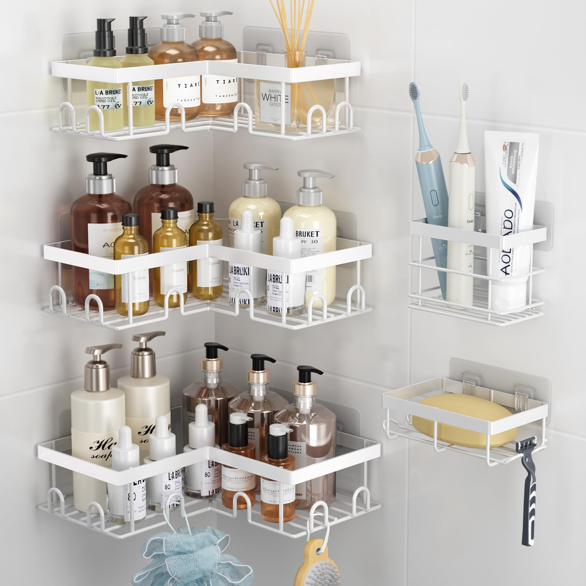 Liuoud Corner Shower Caddy 5 Pack, Rustproof Stainless Steel Shower Organizer with Soap Rack Toothbrush Holder, Large Capacity Adhesive No Drilling Bathroom Storage Decor Set, Black