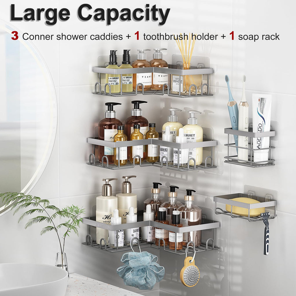 Liuoud Corner Shower Caddy 5 Pack, Rustproof Stainless Steel Shower Organizer with Soap Rack Toothbrush Holder, Large Capacity Adhesive No Drilling Bathroom Storage Decor Set, Black