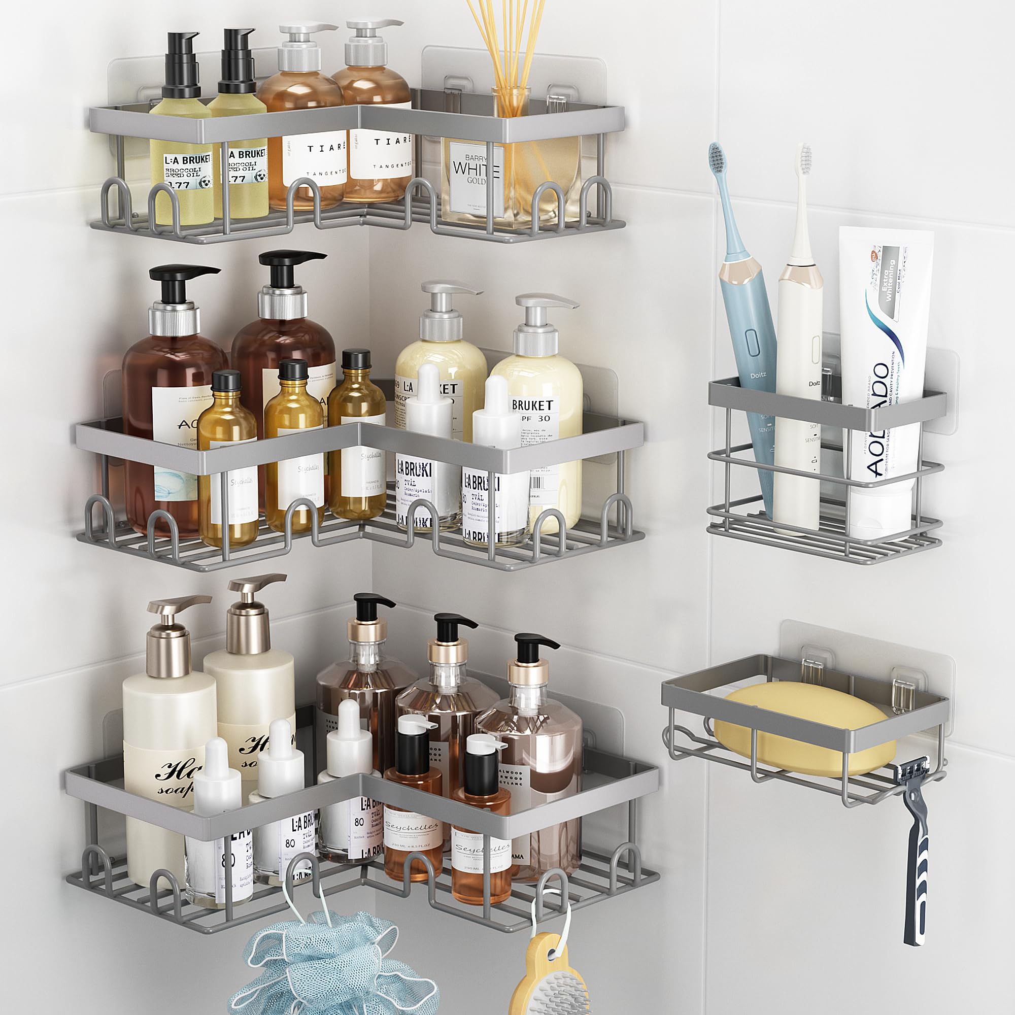 Liuoud Corner Shower Caddy 5 Pack, Rustproof Stainless Steel Shower Organizer with Soap Rack Toothbrush Holder, Large Capacity Adhesive No Drilling Bathroom Storage Decor Set, Black