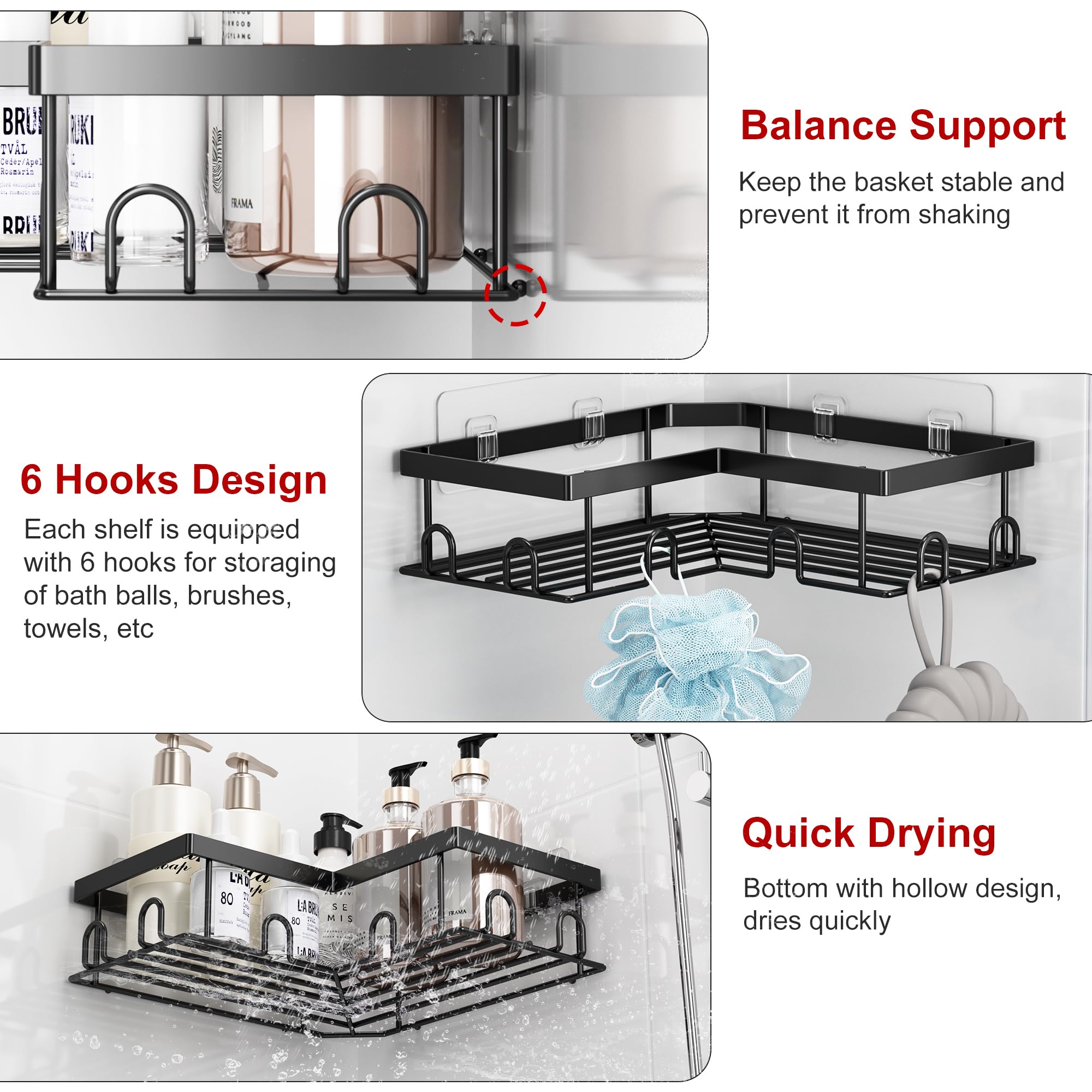 Liuoud Corner Shower Caddy 5 Pack, Rustproof Stainless Steel Shower Organizer with Soap Rack Toothbrush Holder, Large Capacity Adhesive No Drilling Bathroom Storage Decor Set, Black